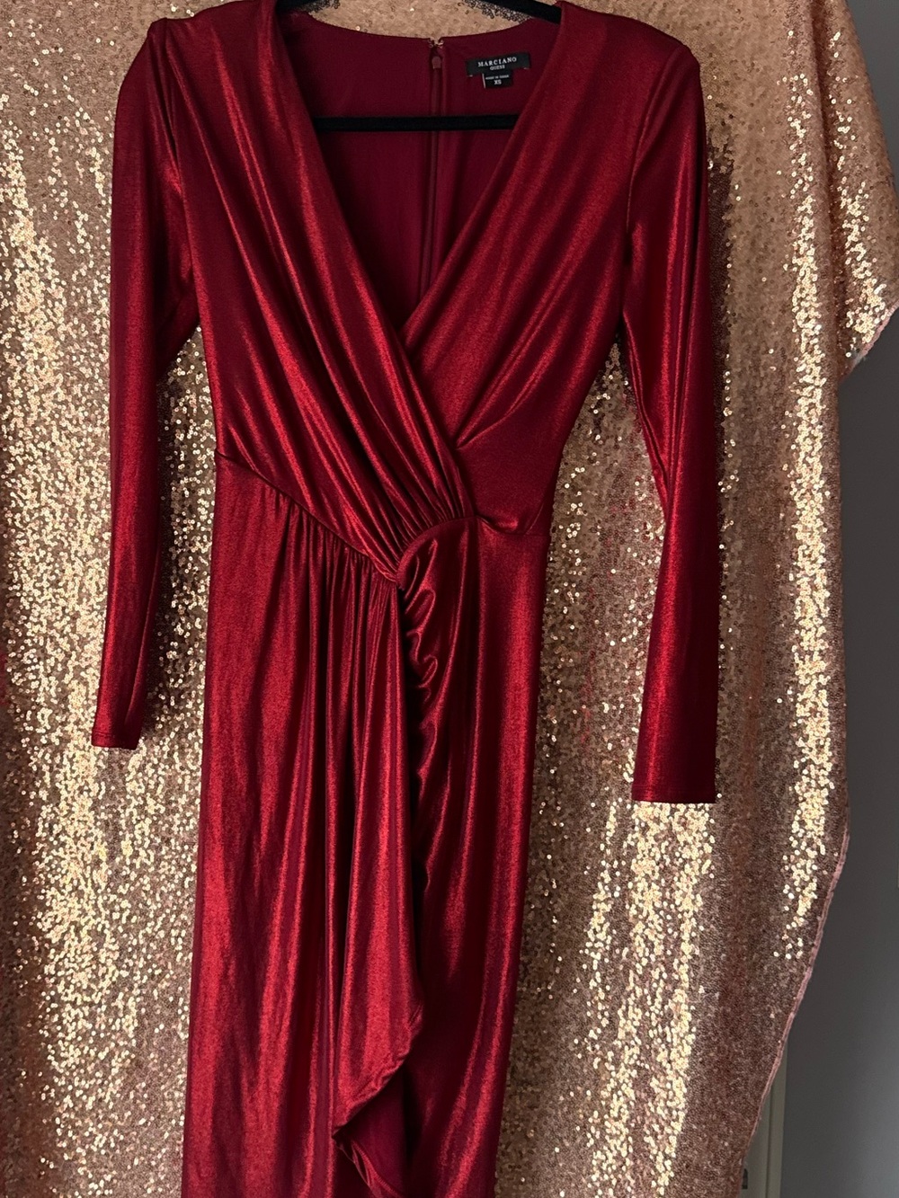 Marciano Metallic Red Long Sleeve Drape Dress